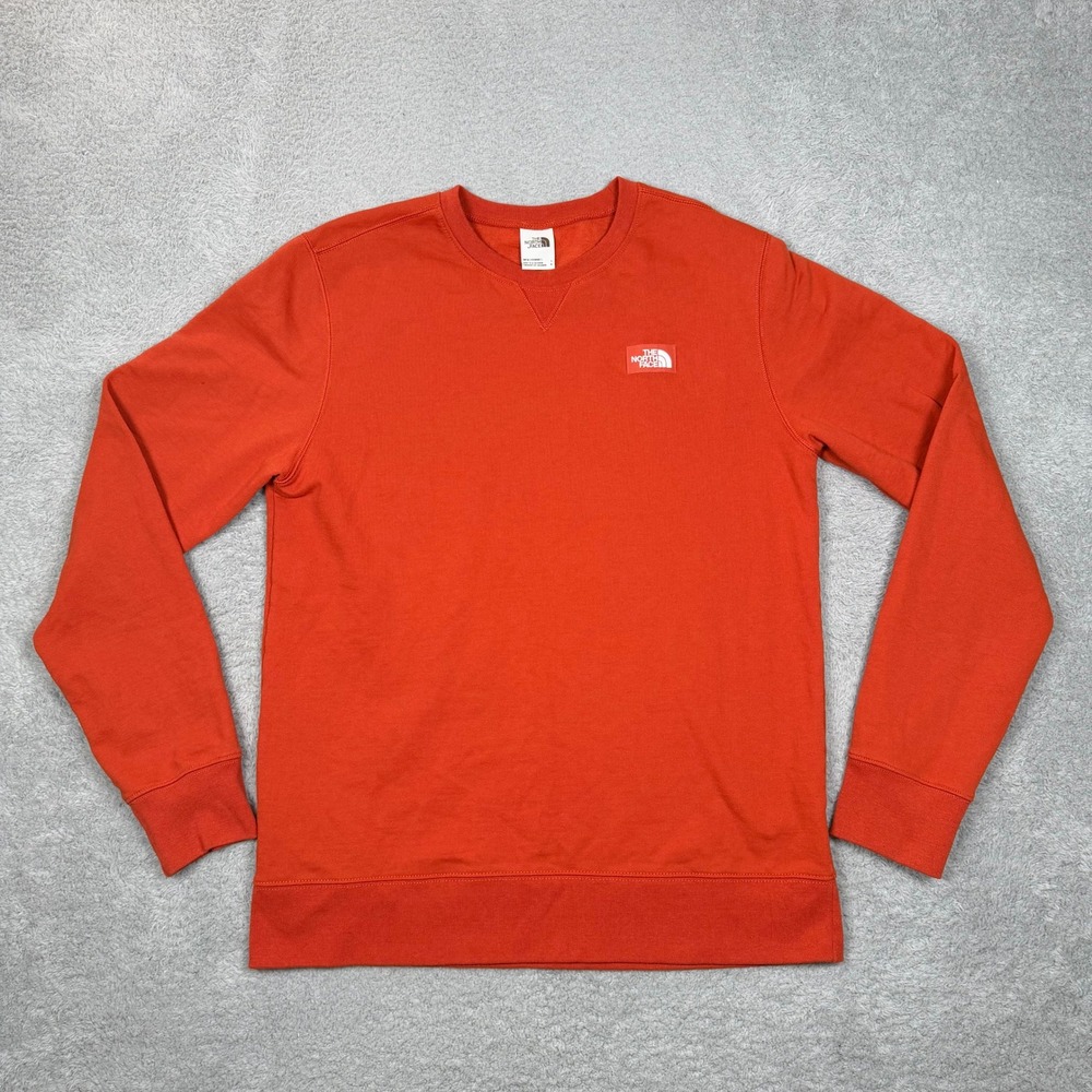The North Face Mens Orange Crewneck Fleece Lined Logo Patch Sweatshirt Large EUC